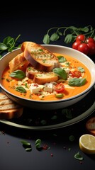 A bowl of soup with bread and tomatoes. Fictional image. salmorejo soup