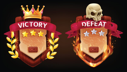3D victory defeat game badge wooden shield award, vector medieval RPG UI success screen, sword. Golden coin, crown, skull red award ribbon, battle lose fire sparkle concept. Victory defeat clipart kit