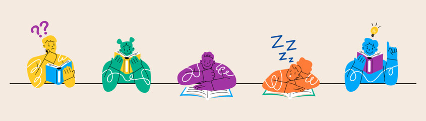 Group of young man and young woman hold a book in their hands. The concept of reading day. Colorful vector illustration