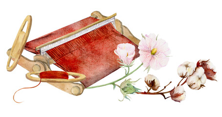 Hand drawn watercolor weaving loom, shuttle, cotton flowers for hobby, handcraft. Natural plant. Illustration isolated object composition on white background. Shop logo print, website, card, booklet.