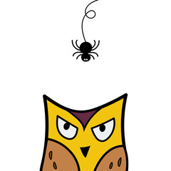 Owl face head looking up to hanging on dash line web spider doodle