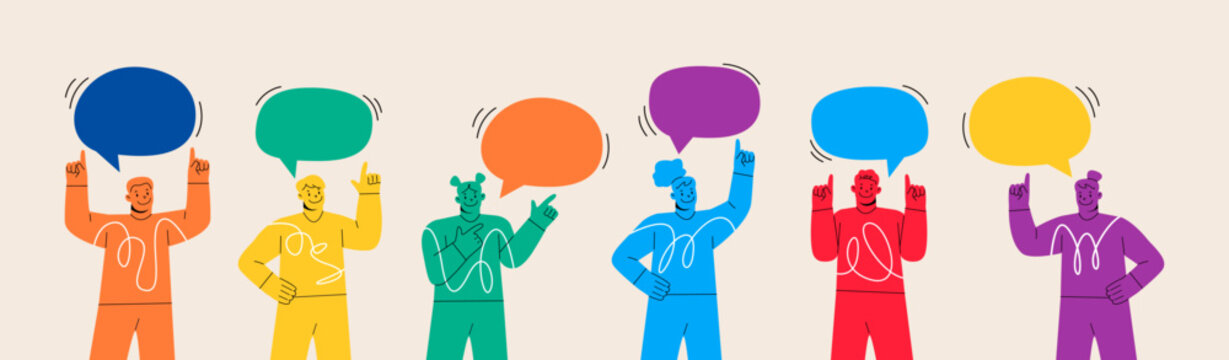 Group of man and woman talking something. Speech bubble above. Colorful vector illustration