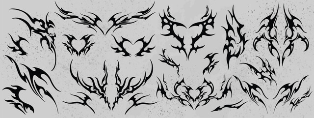 Neo tribal tattoo vector set, Celtic gothic cyber body ornament shapes kit, abstract Hawaiian sign. Maori sleeve symbol y2k Polynesian metal abstract symmetry swirl wing. Neo tribal silhouette clipart