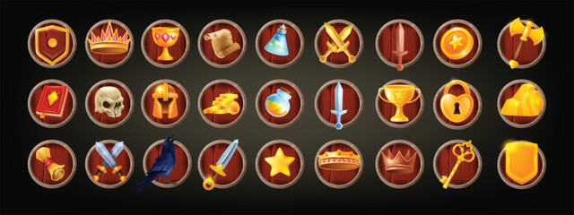 Game icon vector set, vector UI dungeon and dragon RPG badge kit, medieval magic warrior collection. Knight fantasy sword, golden coin, witch book, skull, ancient potion bottle. Game icon elements © Oleksandra