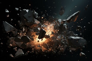 black background with exploding debris, light illuminating debris in explosion (3d illustration). Generative AI - obrazy, fototapety, plakaty