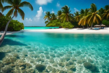 Fototapeta na wymiar Beautiful Tropical Beach Cove with Palms and Crystal Clear Water