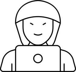 Hacker Man With Laptop Icon In Line Art.