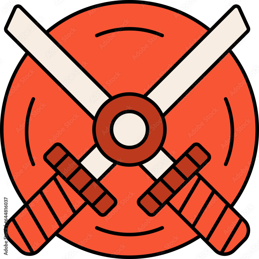 Sticker cross katana with shield icon in orange and white color.