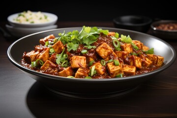 A bowl of tofu with a side of rice. Fictional image. Sichuan Mapo tofu dish.