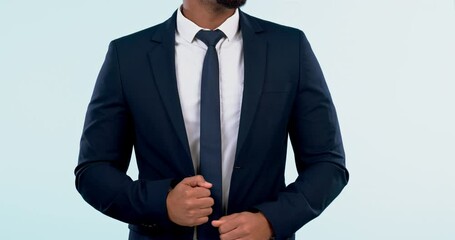 Fashion, suit and tie with a business man getting ready closeup in studio on a white background. Corporate, confidence and style with a professional manager or employee dressing for the start of work