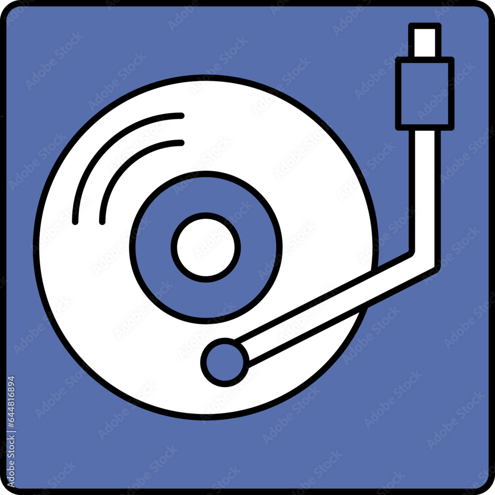 Sticker turntable or vinyl recorder icon in blue and white color.