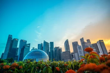Fototapeten Singapore, August 14, 2023: Floating Apple store at Central Business District with sunset sky © Jarspics