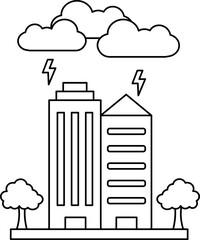 Cloud Storm With Building Icon in Thin Line Art.