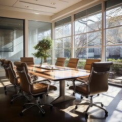 Fototapeta premium Tranquil Collaboration: Sunlit Serenity in the Conference Room. Generative AI 4