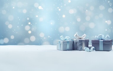 Christmas and new year background - gift boxes with blue ribbon bow tag on the snow bokeh ...