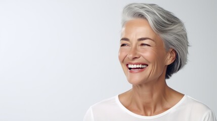 Portrait of beautiful old woman in front of white background.