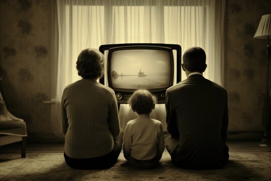 Retro Photography Family Sitting In Front Of TV.