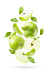 Juicy green apples with green leaves fly as flow on white background, closeup, whole, half and...