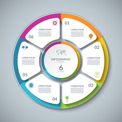Infographic circle with 6 options, parts. 6-step cycle diagram for business infographics. Process chart, vector template for presentation, report, brochure, web, data visualization.