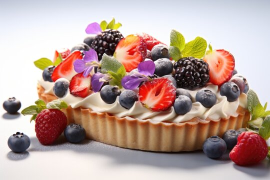 A close up of a dessert with berries and blueberries. Fictional image.
