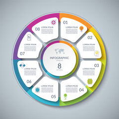 Infographic circle with 8 options, parts. 8-step cycle diagram for business infographics. Process chart, vector template for presentation, report, brochure, web, data visualization.