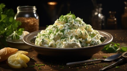 A bowl of mashed potato salad on a wooden table. Fictional image.