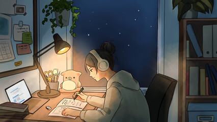 夜に部屋で勉強している若い女性のイラスト