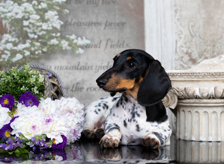 Dachshund Dog Piebald color and flowers