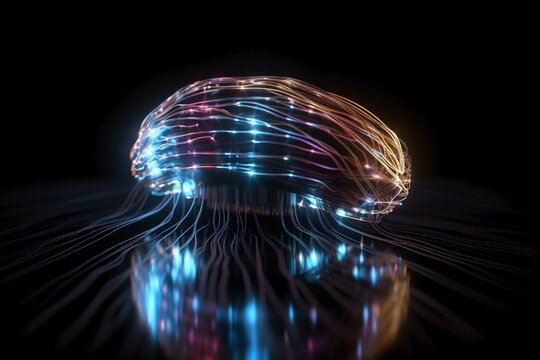 futuristic brain made of fiber optic cables representing the artificial intelligence concept