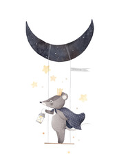 Cute mouse on the moon swing. Watercolor hand drawn illustration. Can be used for kid poster or card. With white isolated background. - obrazy, fototapety, plakaty
