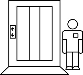 Elevator With Man Icon In Black Outline.