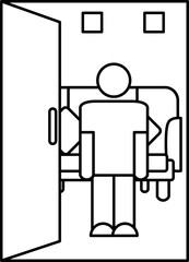 Man Standing With Open Door Icon In Black Line Art.