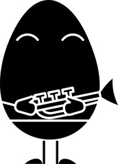Black And White Cartoon Egg Holding Trumpet Icon.