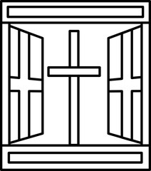 Black Outline Open Window With Christian Cross Icon.