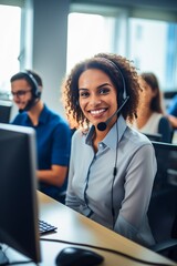 Customer support agent or call center in headset working at customer service office.