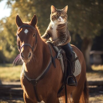 Cat on horse wearing saddle, a funny and adorable image. Generative AI
