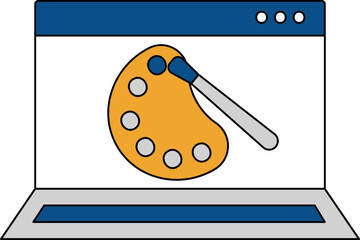 Flat Style Color Palette With Brush In Laptop Screen Icon.