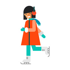 Girl in red winter coat and mittens. Girl skating and having fun. Multicolored flat vector icon representing people activities and professions concept isolated on white background