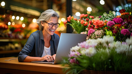  flower shop employee diligently working at her laptop computer