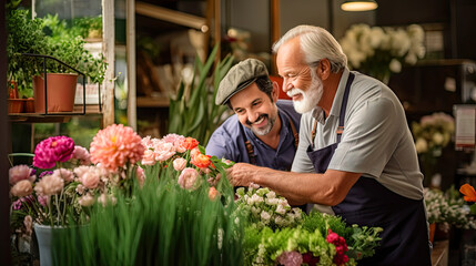 senior  flower shop worker providing assistance and guidance to a customer.