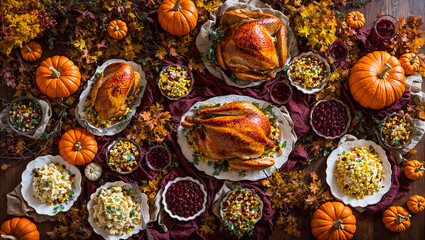 Roasted whole turkey, cranberry sauce, pumpkin, autumn leaves