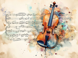 Fototapeta na wymiar Vintage retro watercolor music sheet violin musical instrument frame background. Generative Ai