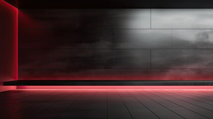 Abstract dark empty room with glowing red neon lights. Mock up, 3D Rendering