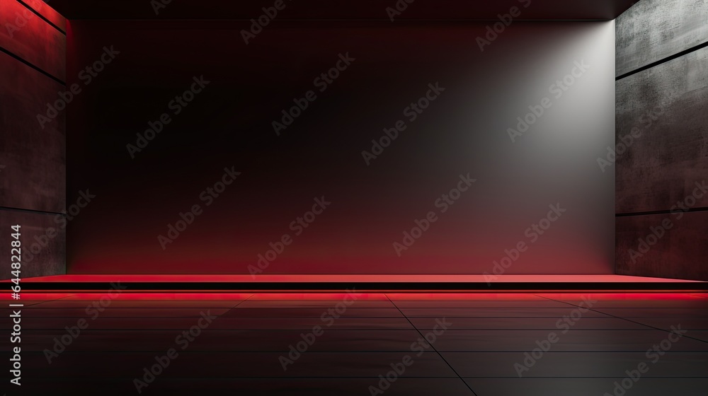 Poster Abstract dark empty room with glowing red neon lights. Mock up, 3D Rendering