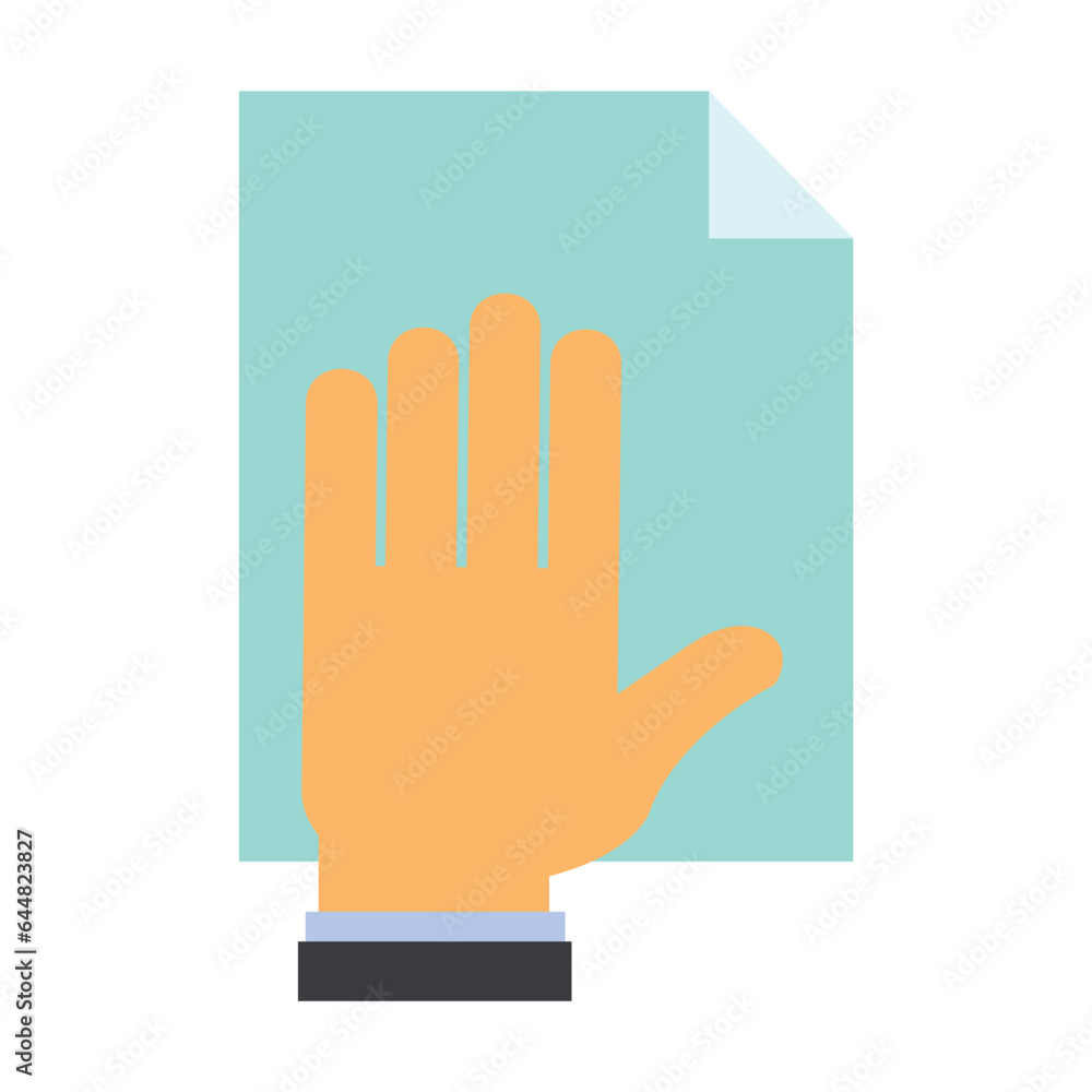 Poster hand cleaning dirty surface with wipe. hand holding piece of paper or document. multicolored flat ve