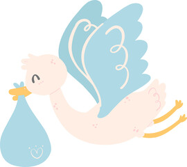 baby shower boy, cute stork bird with baby boy