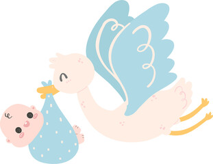 cute stork bird with baby boy, baby shower