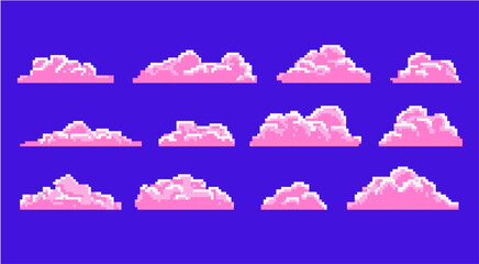 pink cloud pixel. Pixel cloud landscape, cloudy pink masses on a blue sky. Pixelated icons to customize the game and scenery. 8-bit game background or old-school retro arcade style.