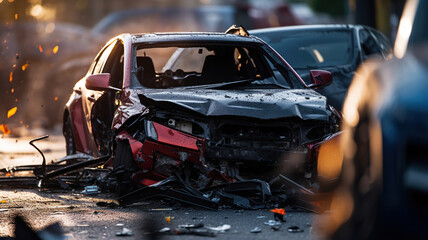 An image focusing on the damaged parts of vehicles involved in the accident - obrazy, fototapety, plakaty