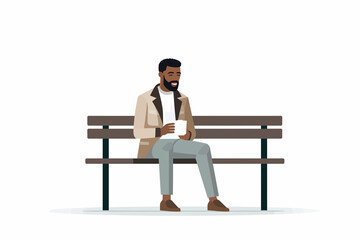 person on bench drinking coffee vector flat isolated illustration - obrazy, fototapety, plakaty